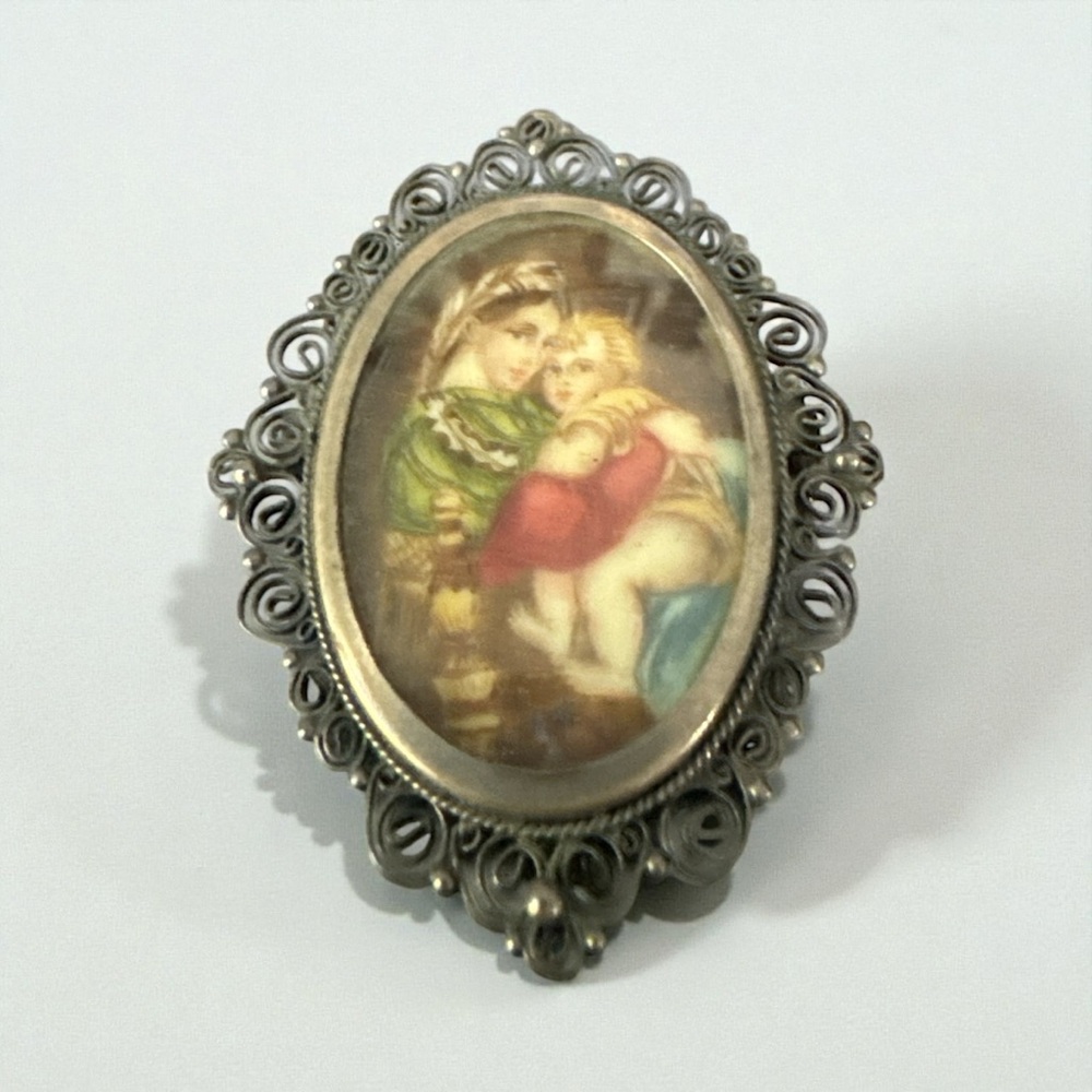 Antique Vintage 800 Silver Brooch Pendant Hand Painted Cameo Woman & Children